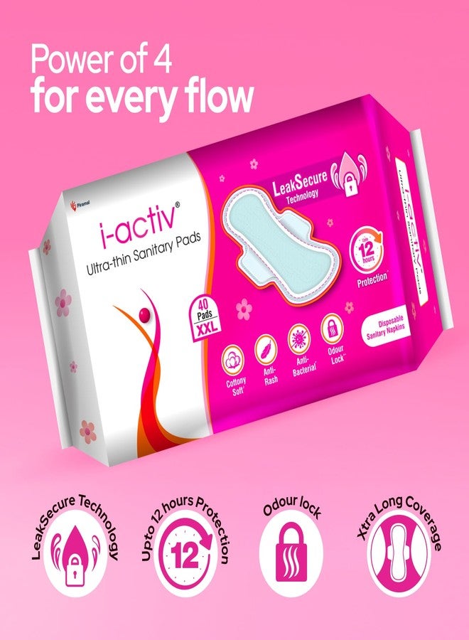 i-activ فوط صحية رقيقة للغاية للنساء من آي أكتيف، مقاس XXL | 40 فوطة | فوط صحية قطنية ناعمة مضادة للطفح الجلدي والبكتيريا | خالية من المواد الضارة | حماية من التسرب تصل إلى 12 ساعة في حالة التدفق الغزير | أجنحة ناعمة طاردة للماء - Image 5